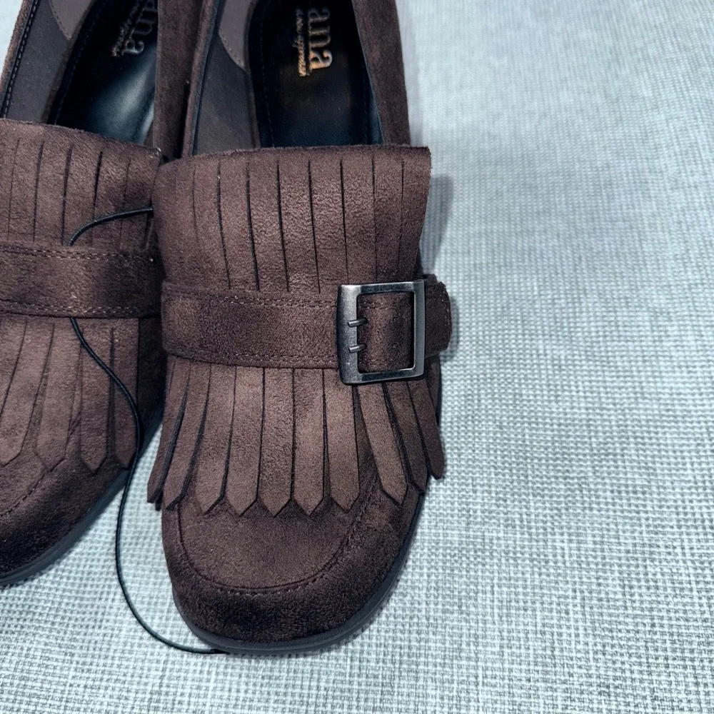 ANA Faxon Chocolate Brown Faux Suede Kiltie Fringe Block Heel Loafers Womens 10M